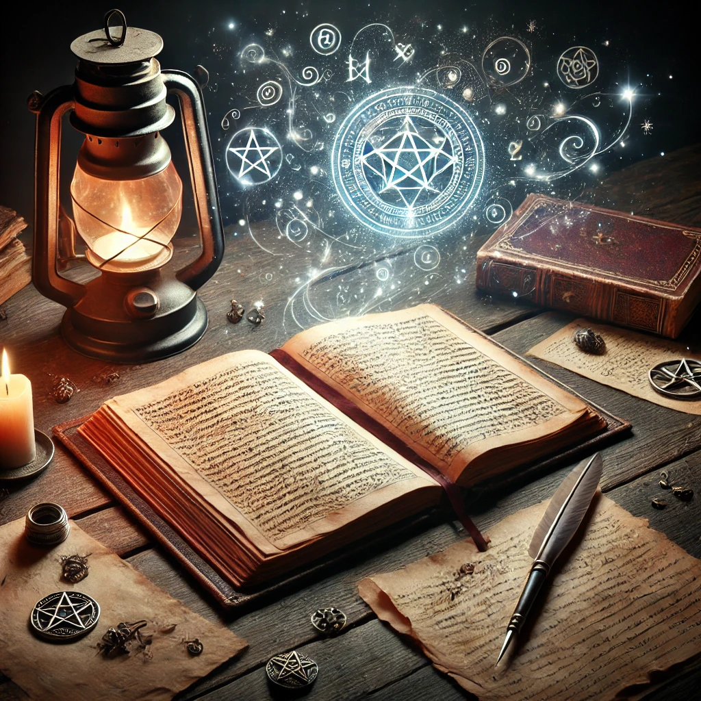 An open grimoire or textbook illuminated by a lantern, with swirling runic symbols hovering above the pages and nearby academic tools.