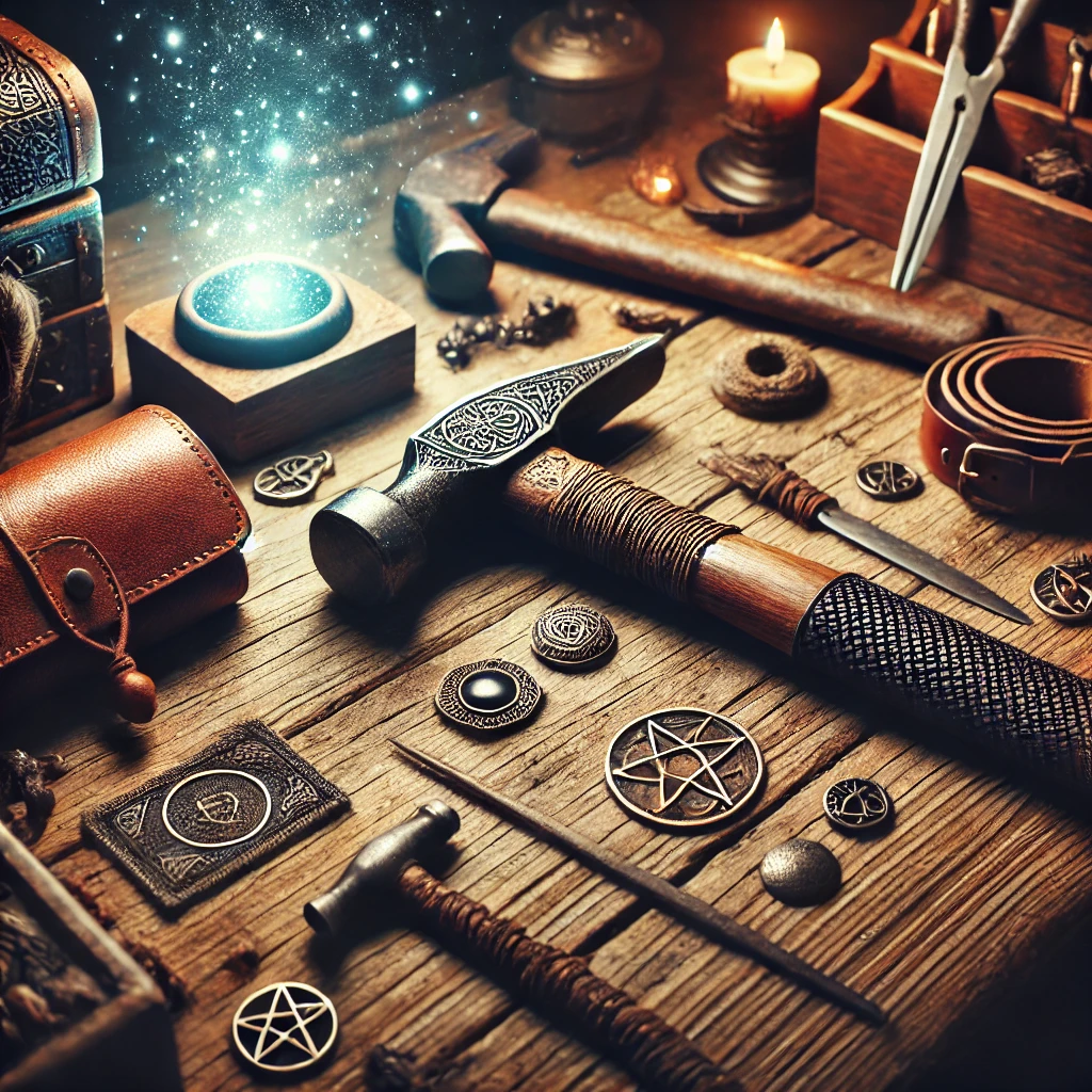 A rustic workbench strewn with magical tools: Morgan's hammer with arcane engravings and various enchanted items.