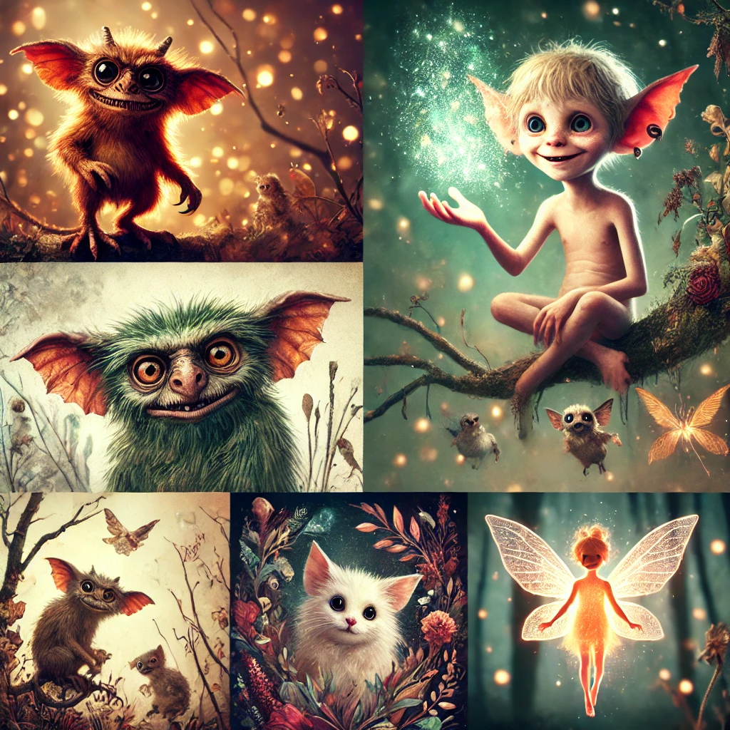 A collage of minor creatures: mischievous gremlins, glowing changeling silhouettes, and whimsical fae critters.