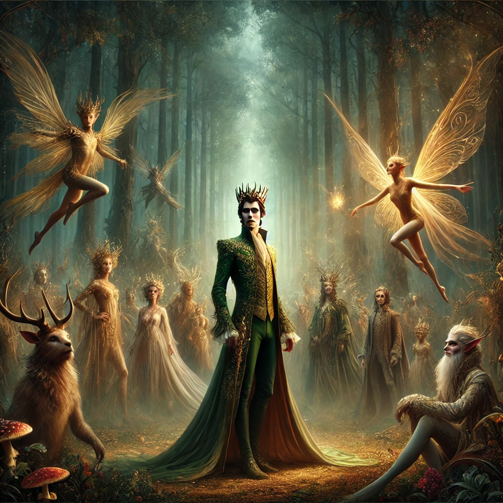 A regal Fae court scene in a twilight forest, featuring King Oberon and varied Fae creatures with glowing eyes and flowers.