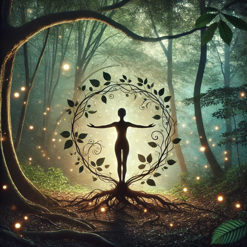 A silhouette of a figure in a forest clearing at dusk, with tree roots lightly wrapped around their legs, glowing motes in the air.